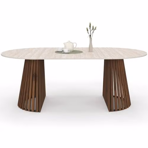Mesa de comedor extensible redonda Carmen de IDMarket con acabado de travertino y patas de nogal, color marrón y beige, An/P/Al: 110 x 110 x 75 cm (extensible hasta 200 cm)