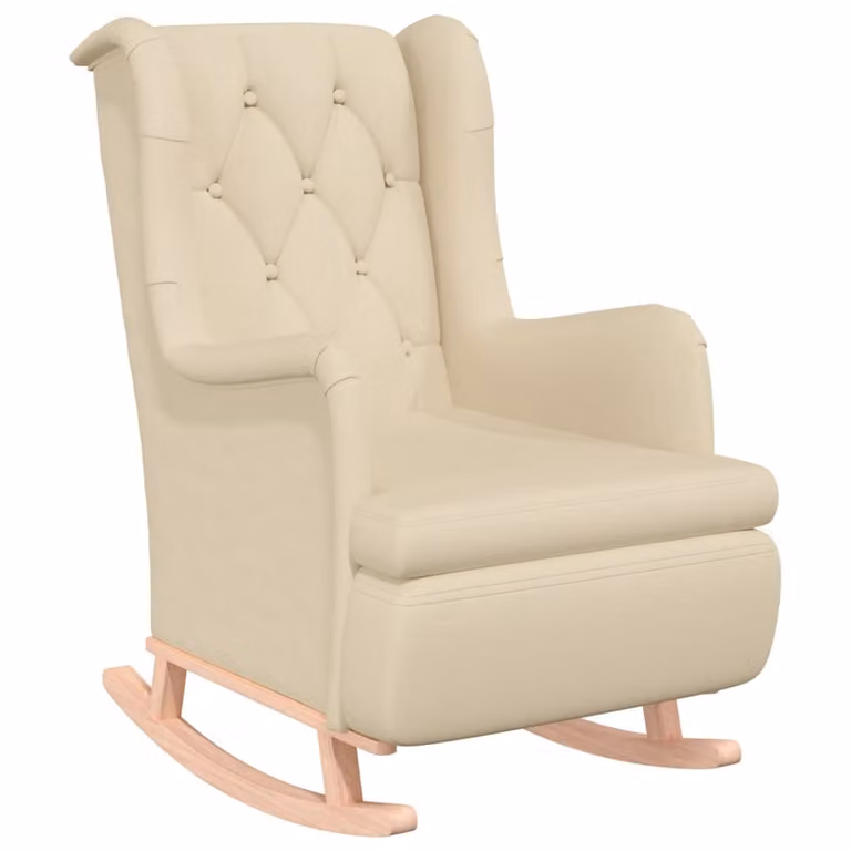 Sillón mecedora Syfax con estructura de madera de caucho maciza y tapizado de tela en color beige