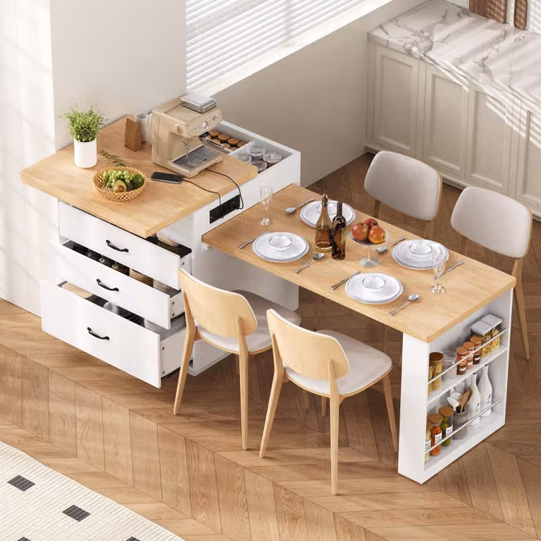 Isla de cocina STILVORA con mesa extensible, ruedas, iluminación LED y regletas de enchufes, color blanco