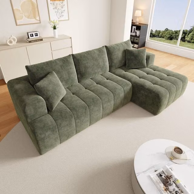 Sofá Esquinero Modular de 3 Plazas HAUSS SPOLE en Chenilla Verde, Diseño Moderno en Forma de L con Cojines Incluidos, An/P/Al: 244,5 x 136 x 79 cm