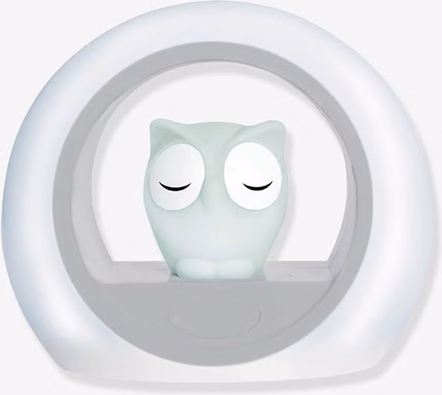 Luz nocturna de búho ZAZU Lou gris con brillo ajustable y temporizador para bebés