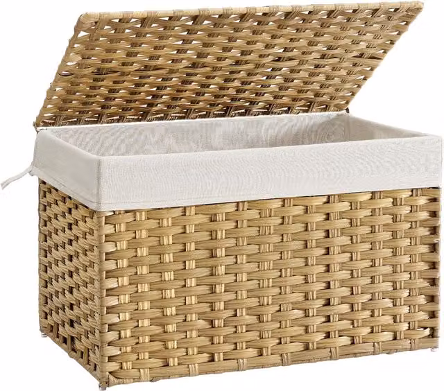Cesto de ropa sucia plegable Songmics de 105 l con tapa y asas en color amarillo y blanco