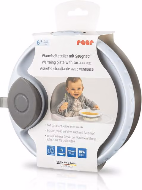 Plato de aprendizaje antideslizante con ventosa Reer en silicona para bebés, colores blanco y gris, apto para lavavajillas