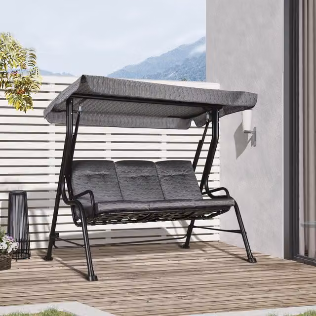 Columpio de jardín Outsunny Hollywood de 3 plazas con toldo ajustable en color gris y tejido textileno, An/P/Al: 200 x 120 x 170 cm