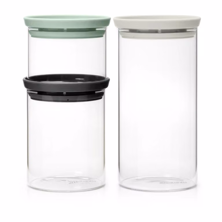 Set de 3 botes de cocina de cristal de borosilicato Brabantia con tapa de presión en colores negro, gris y verde