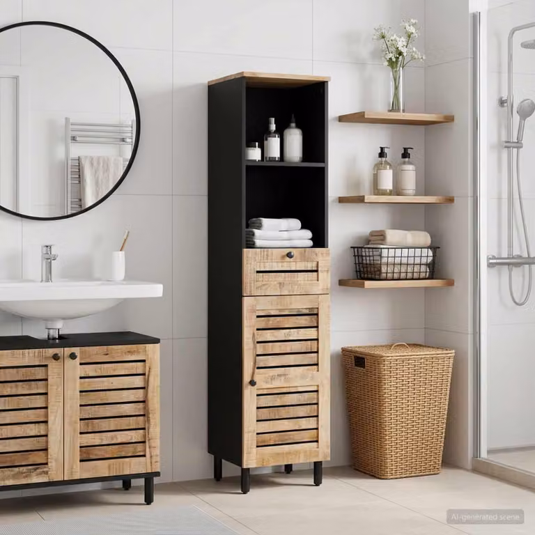Armario de baño moderno Prolenta en color marrón con puertas batientes y estantes internos, An/P/Al: 38 x 33,5 x 160 cm