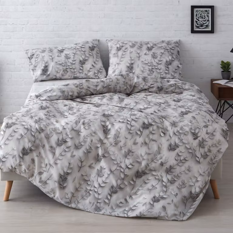 Juego de funda nórdica, sábana bajera y fundas de almohada Manterol de algodón con estampado de ramas floral en gris para cama de 140x200 cm