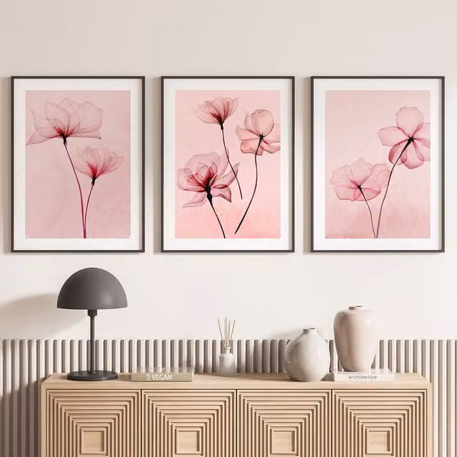 Juego de 3 pósteres decorativos Lumalea con diseño floral y abstracto en colores rosa y negro, An/An/Al: 21 x 29,7 x 29,7 cm