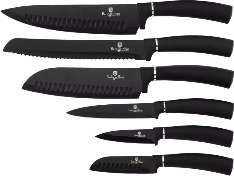 Juego de 6 cuchillos BerlingerHaus Black Royal con superficie antibacteriana en acero inoxidable y color negro, incluye cuchillo santoku, de chef, de utilidad y de oficio