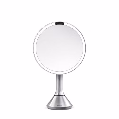 Espejo cosmético de sobremesa con sensor y luz LED simplehuman en color plata con control táctil de brillo y regulación de intensidad