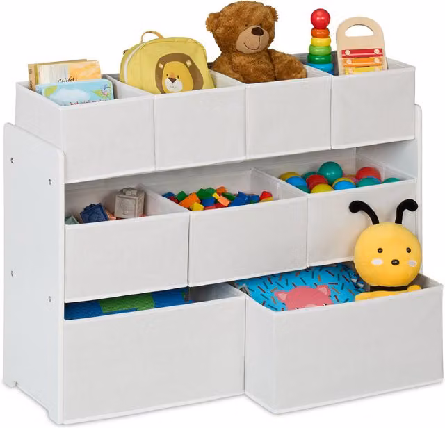 Estantería infantil Relaxdays con 9 cajas de tela, organizador de juguetes para cuarto de niños, color blanco, An/P/Al: 60 x 30 x 92 cm