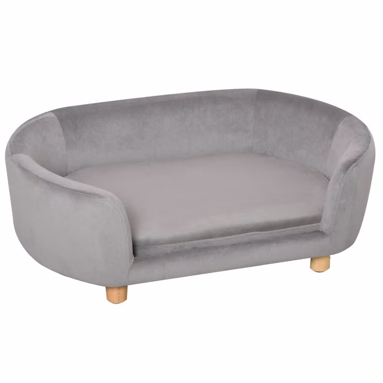 Sofá para perros PawHut de terciopelo sintético y madera de abedul en color gris claro, An/P/Al: 86 x 55 x 33 cm