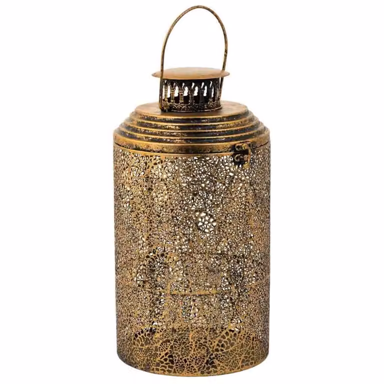 Portavelas de metal y cristal Wanderlust deco con diseño floral y estilo oriental en color dorado, redondo para velas de tipo pillar, An/P/Al: 21 x 21 x 1 cm