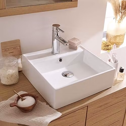 Lavabo de baño cuadrado Mob-In de cerámica blanca para sobreponer An/P/Al: 38 x 38 x 13 cm