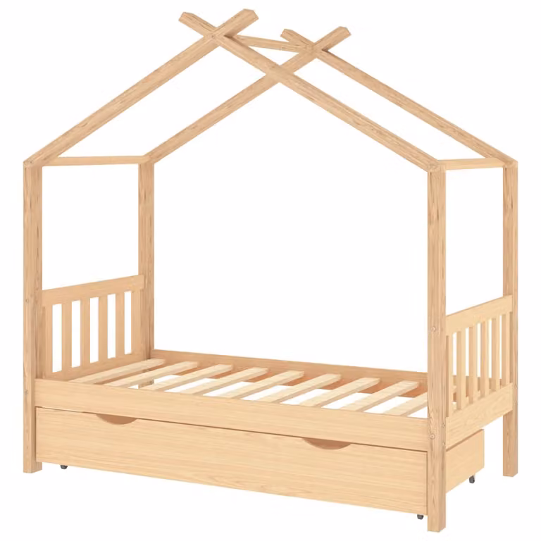 Estructura de cama infantil con cajón vidaXL de madera de pino maciza, diseño de casa escandinavo, color marrón, An/P/Al: 160 x 80 x 173 cm
