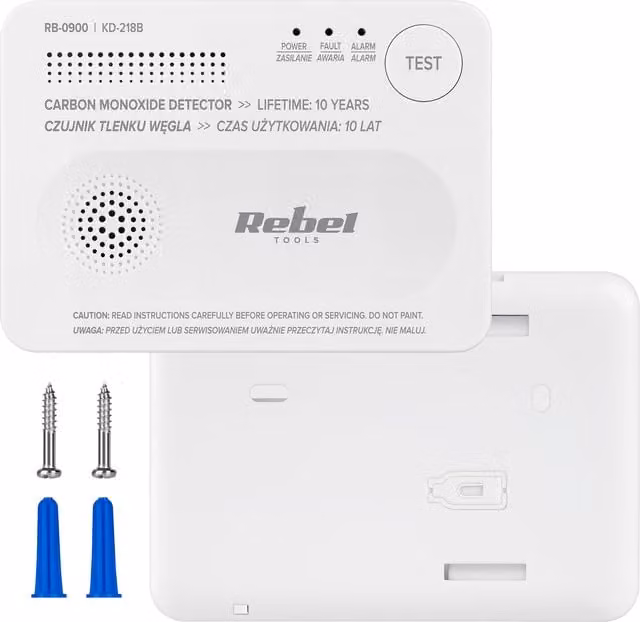 Detector de monóxido de carbono inalámbrico Rebel KD-218B blanco con montaje en pared y alimentación por batería
