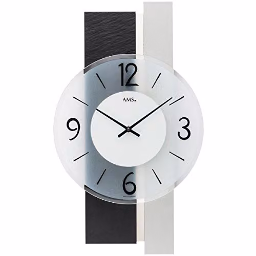 Reloj de pared analógico AMS moderno con carcasa de madera y detalles en metal, silencioso, colores blanco, gris, negro y plata, An/P/Al: 40 x 23 x 6 cm
