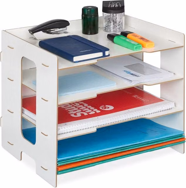 Organizador de bandeja de documentos Relaxdays de madera MDF, 3 compartimentos, color blanco, An/P/Al: 27 x 32,5 x 25 cm