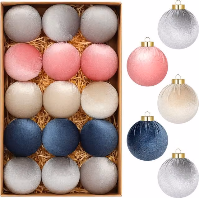 Juego de 8 bolas navideñas de terciopelo StarryLights en colores pastel rosa, azul, gris y beige