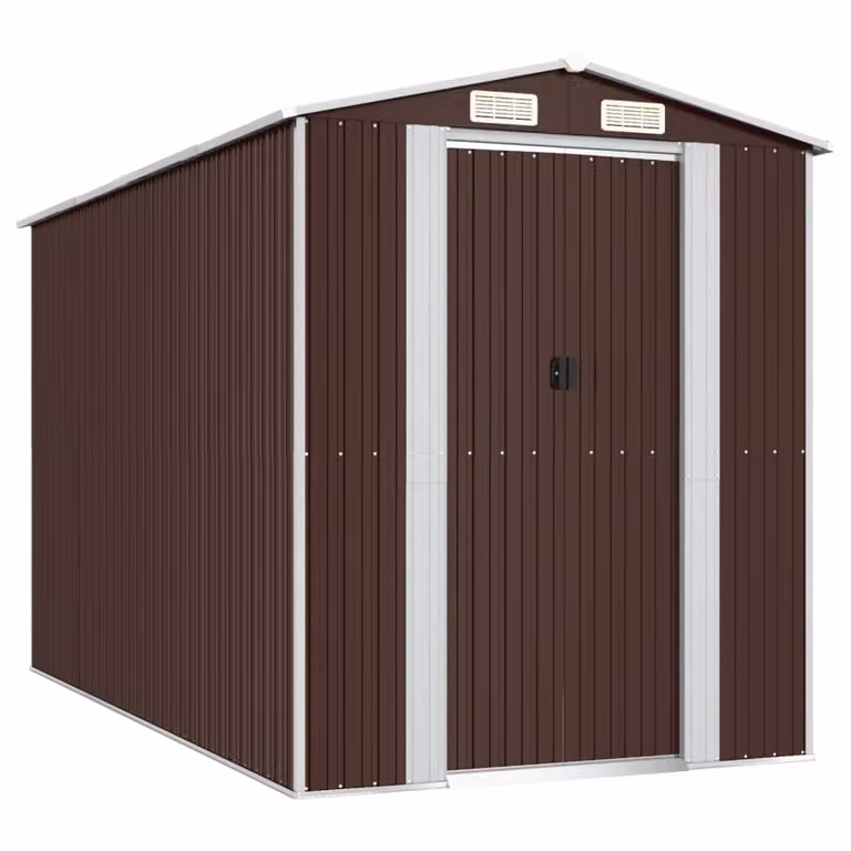 Cobertizo de jardín vidaXL en acero galvanizado marrón oscuro con puertas correderas y ventilación lateral An/P/Al: 357 x 192 x 223 cm