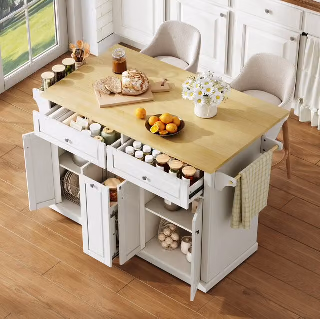 Isla de cocina móvil OKWISH con tapa abatible, cajones y ruedas con freno en MDF blanco y natural, An/P/Al: 121 x 45 x 89 cm