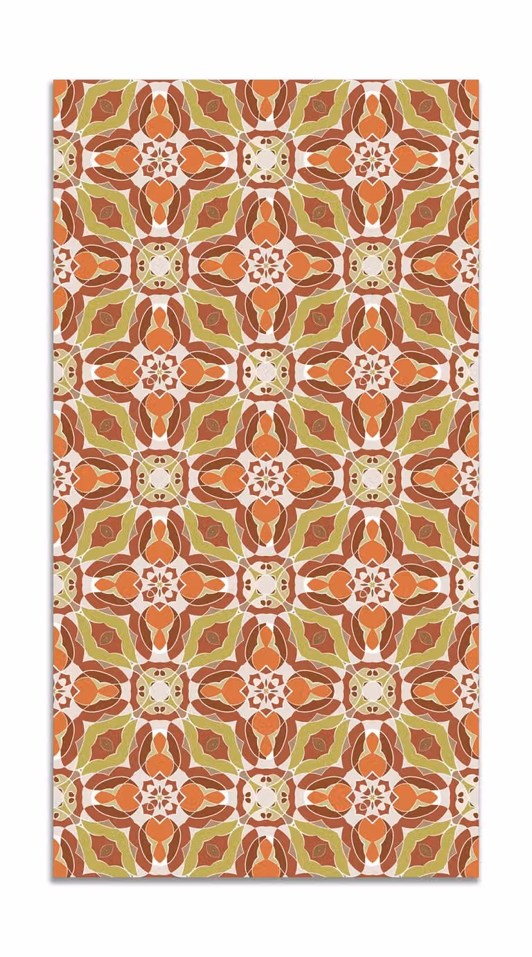 Alfombra vinílica de diseño oriental caleidoscopio en color naranja, An/P: 80 x 300 cm