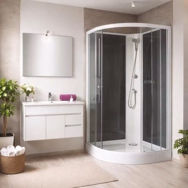 Cabina de ducha Ondee de 1/4 de círculo con perfiles de aluminio en blanco y puertas correderas de cristal, An/P/Al: 90 x 80 x 207 cm