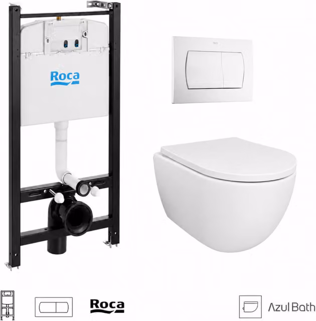 Pack de Inodoro Suspendido Azul Bath Swiss con Bastidor Empotrado Roca Active, Pulsador Blanco Brillo y Asiento Soft-close, An/P/Al: 53 x 36 x 31,5 cm