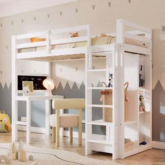 Cama alta infantil Merax en madera de pino y MDF con escritorio, armario y estanterías, color blanco, An/P/Al: 200 x 90 x 206 cm