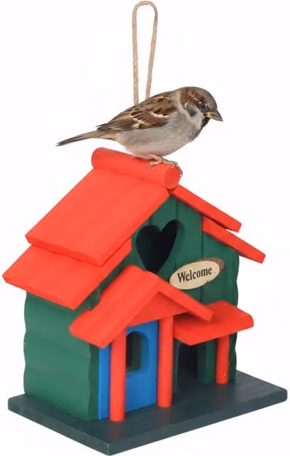 Casita decorativa para pájaros Relaxdays de madera con estilo rústico para colgar, multicolor, An/P/Al: 21 x 20 x 13,5 cm