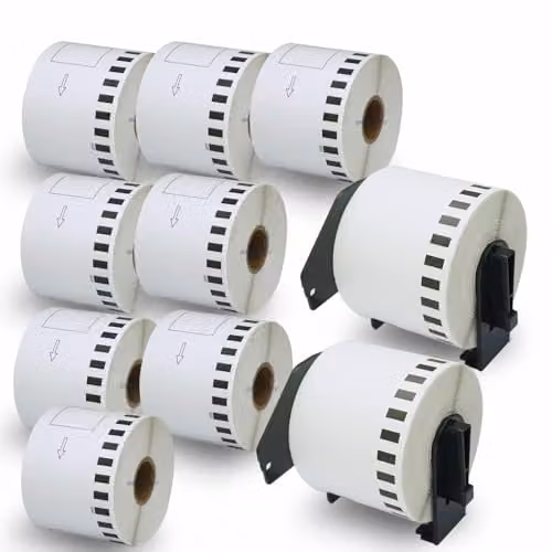 10 Rollos de Etiquetas Adhesivas de Papel Térmico BETCKEY DK-22205 Blancas para Impresoras Brother QL con 2 Soportes Reutilizables An/L: 62 mm x 30,48 m