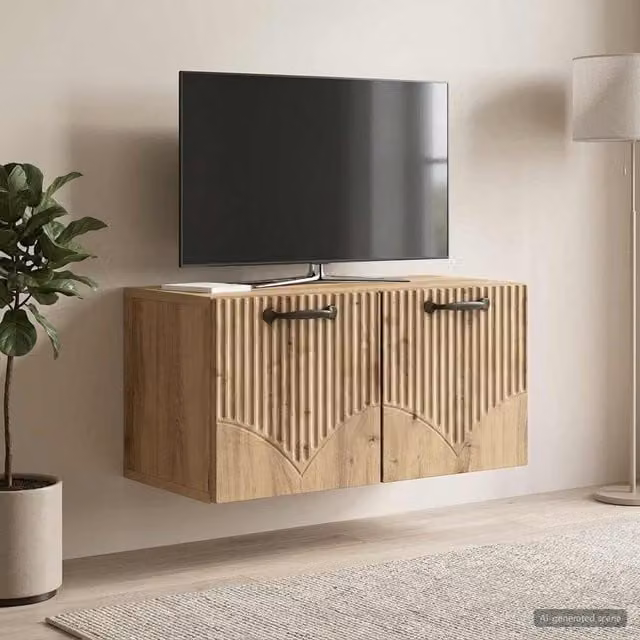 Mueble de pared para TV Maison Exclusive en madera de roble artisan color marrón, diseño moderno y geométrico, An/P/Al: 59,5 x 31 x 30 cm