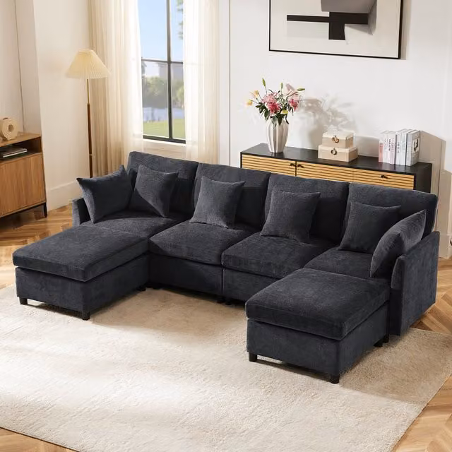 Sofá Modular Convertible Kellany en Forma de U y L de Tela Chenille Gris con 2 Otomanas y 6 Cojines