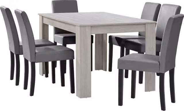 Conjunto de mesa de comedor rectangular y 6 sillas de Helloshop26 en color blanco, gris y negro con acabado de madera de roble