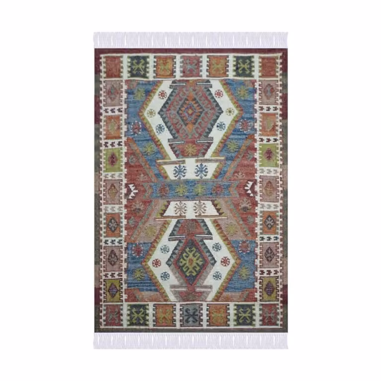 Alfombra rectangular Decoclico de algodón y lana con motivos kilim étnicos en multicolor y verde, An/P: 140 x 200 cm