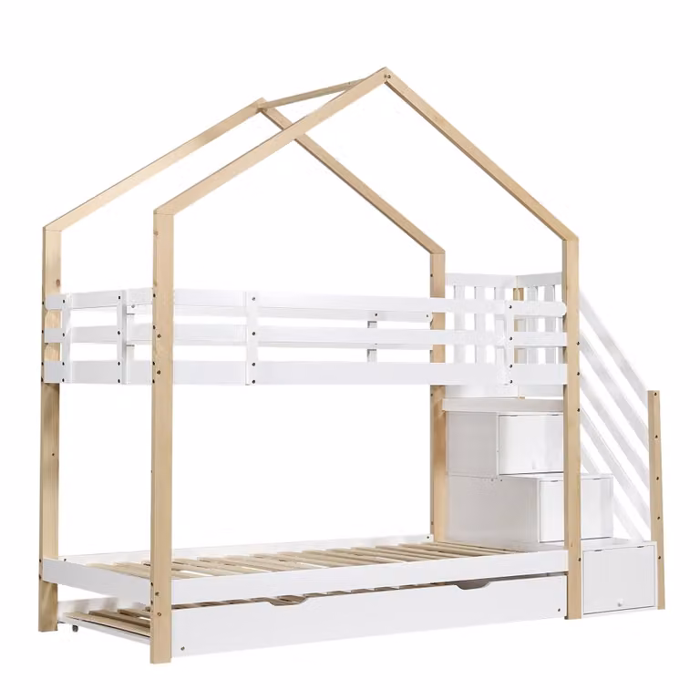 Cama alta de dos niveles MODFU para niños en madera de pino y MDF con escaleras y cajones, color blanco y marrón, An/P/Al: 200 x 90 x 120 cm