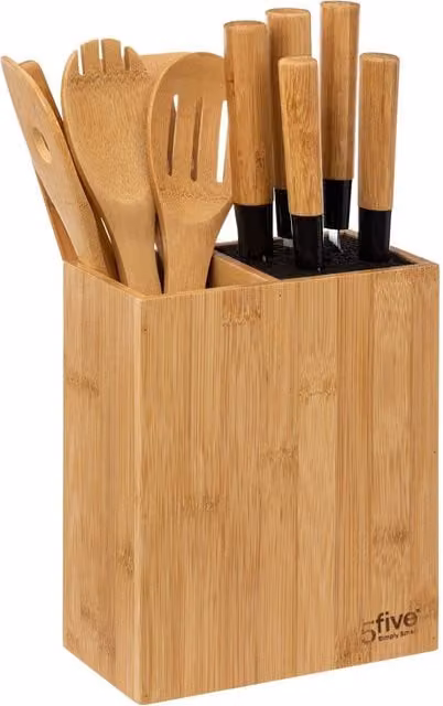 Set de 5 cuchillos y 5 utensilios con mango de bambú y bloque de madera 5five en color beige y marrón con acero inoxidable