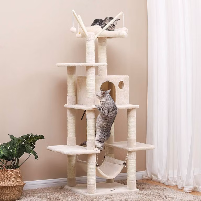 Árbol para gatos Feandrea de 154 cm con cueva, hamaca y juguetes integrados, color beige