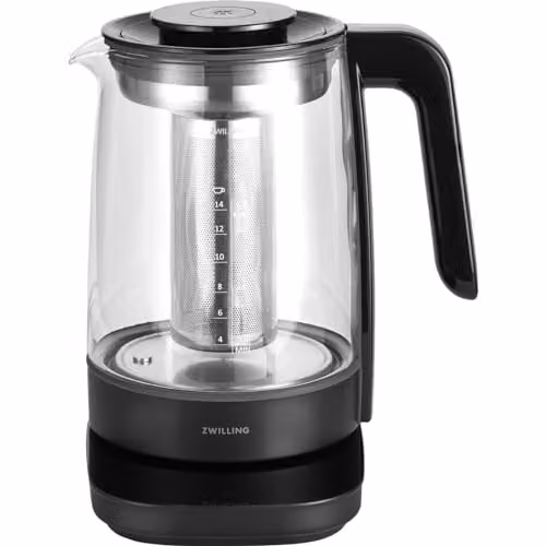 Tetera eléctrica de vidrio Zwilling con filtro, 1,7 l, 1850 W, temperatura ajustable y función de mantener caliente, color negro y transparente