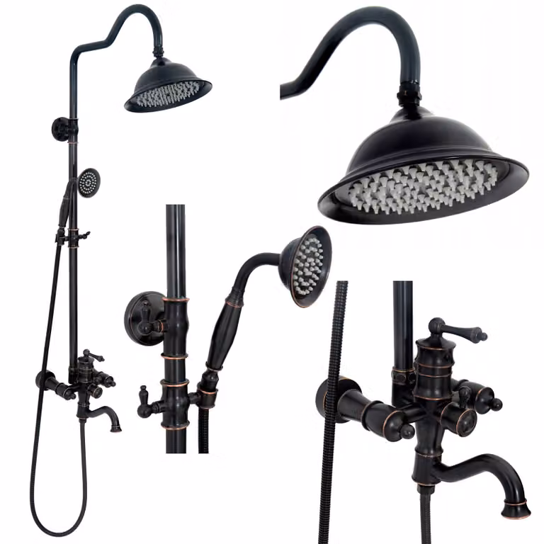 Conjunto de ducha Rea VINTAGE con rociador de lluvia y alcachofa de mano en negro mate y latón para montaje en pared