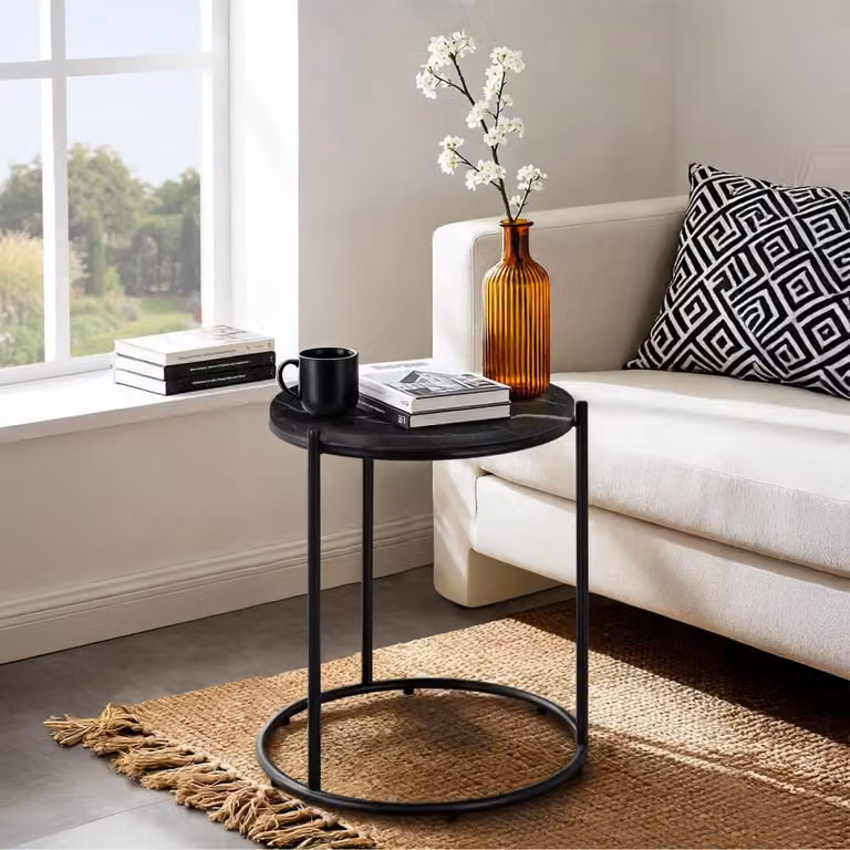 Mesa auxiliar TecTake con acabado de mármol y estructura de metal, An/P/Al: 43 x 43 x 50,5 cm, negro
