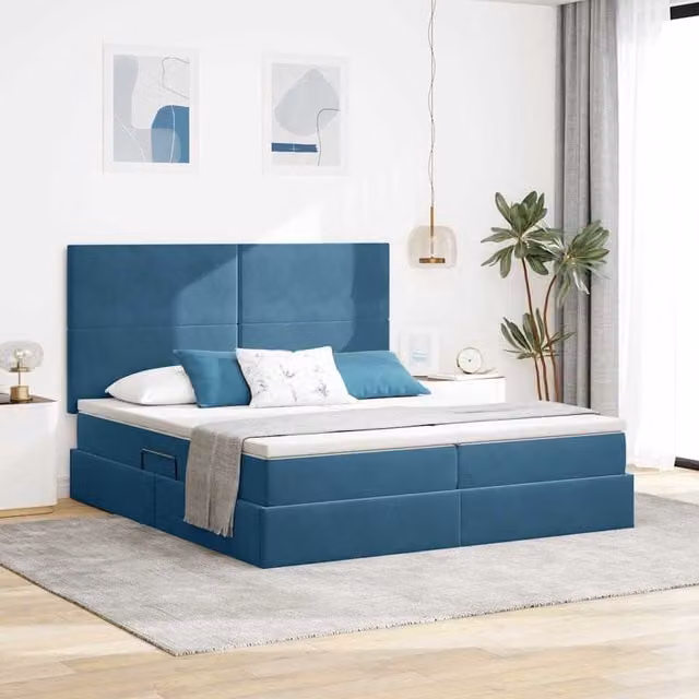 Cama con almacenamiento Maison Exclusive en terciopelo azul, base abatible y estructura de metal, An/P/Al: 200 x 200 x 280 cm
