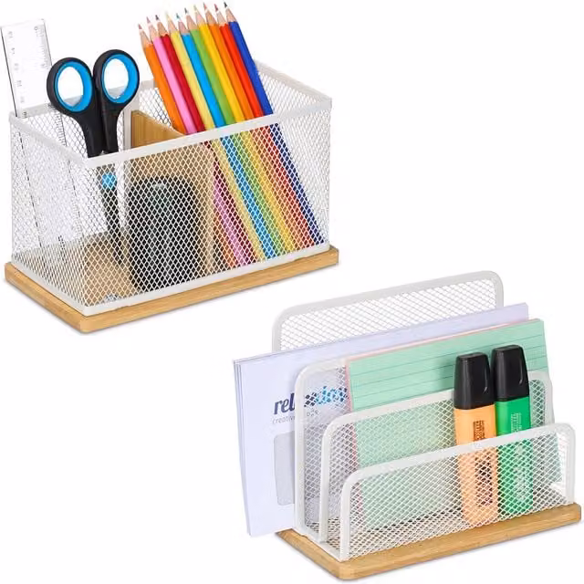 Juego de 2 organizadores de escritorio multi compartimento de NORTHIO en metal y bambú color blanco y multicolor