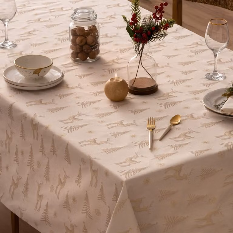 Mantel de Navidad Jacquard Mint en color oro y beige, repelente al agua y fácil de cuidar, An/P: 155 x 155 cm