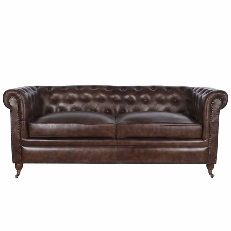 Sofá Chesterfield de cuero NIYLO de 3 plazas en color marrón An/P/Al: 190 x 77 x 80 cm