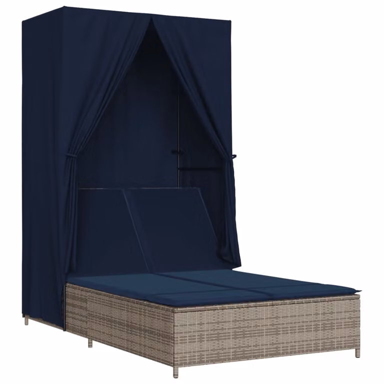 Tumbona doble con techo y cortinas de ratán sintético vidaXL en color gris y azul con reposacabezas ajustable para jardín