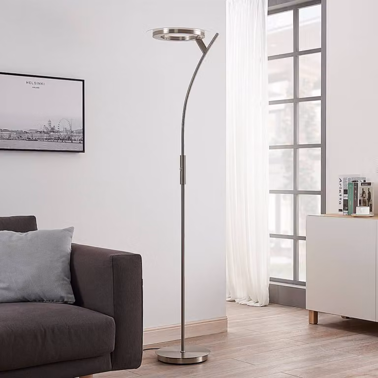 Lámpara de pie LED Darion de Lindby en metal gris y plata con detalles de cristal transparente, atenuable y de diseño moderno para salón o comedor, Altura: 180 cm