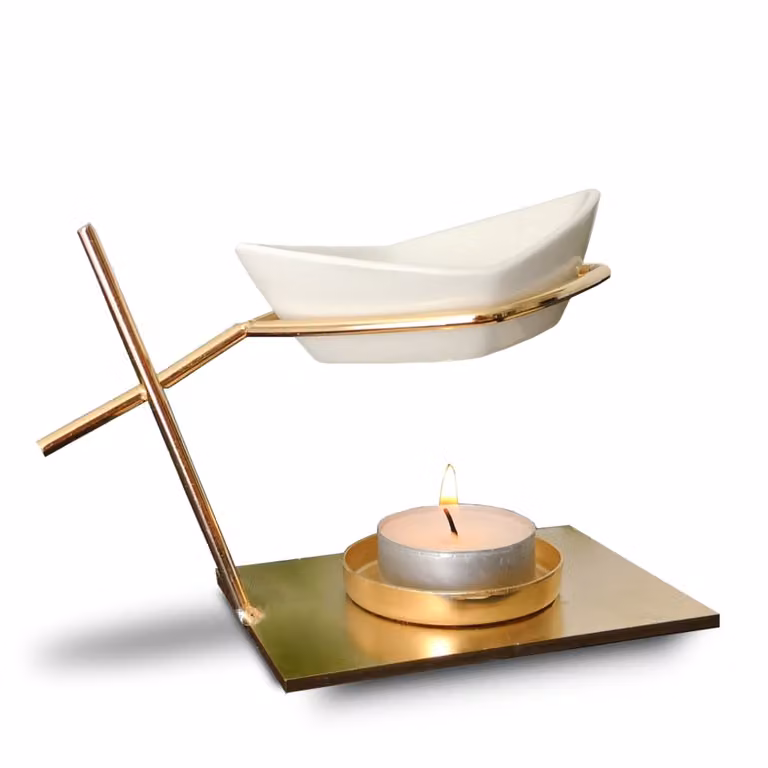 Quemador de perfume Matelot Zen'Aroma de metal dorado y cerámica blanca, Altura: 10 cm