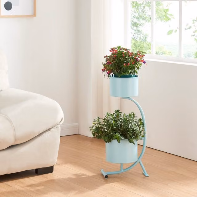 Soporte para plantas en forma de C de en.casa con 2 maceteros, metal moderno en color azul o negro, Al x An x P: 63 x 29 x 21 cm
