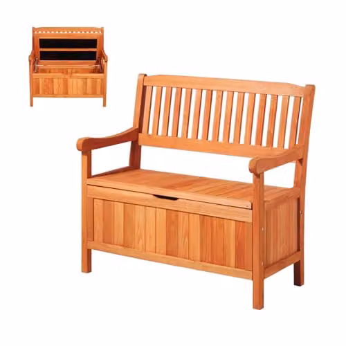 Banco de almacenamiento y asiento VEVOR de madera de abeto color marrón para jardín, terraza o balcón, capacidad para 2 personas, An/P/Al: 106,5 x 58,5 x 90,1 cm